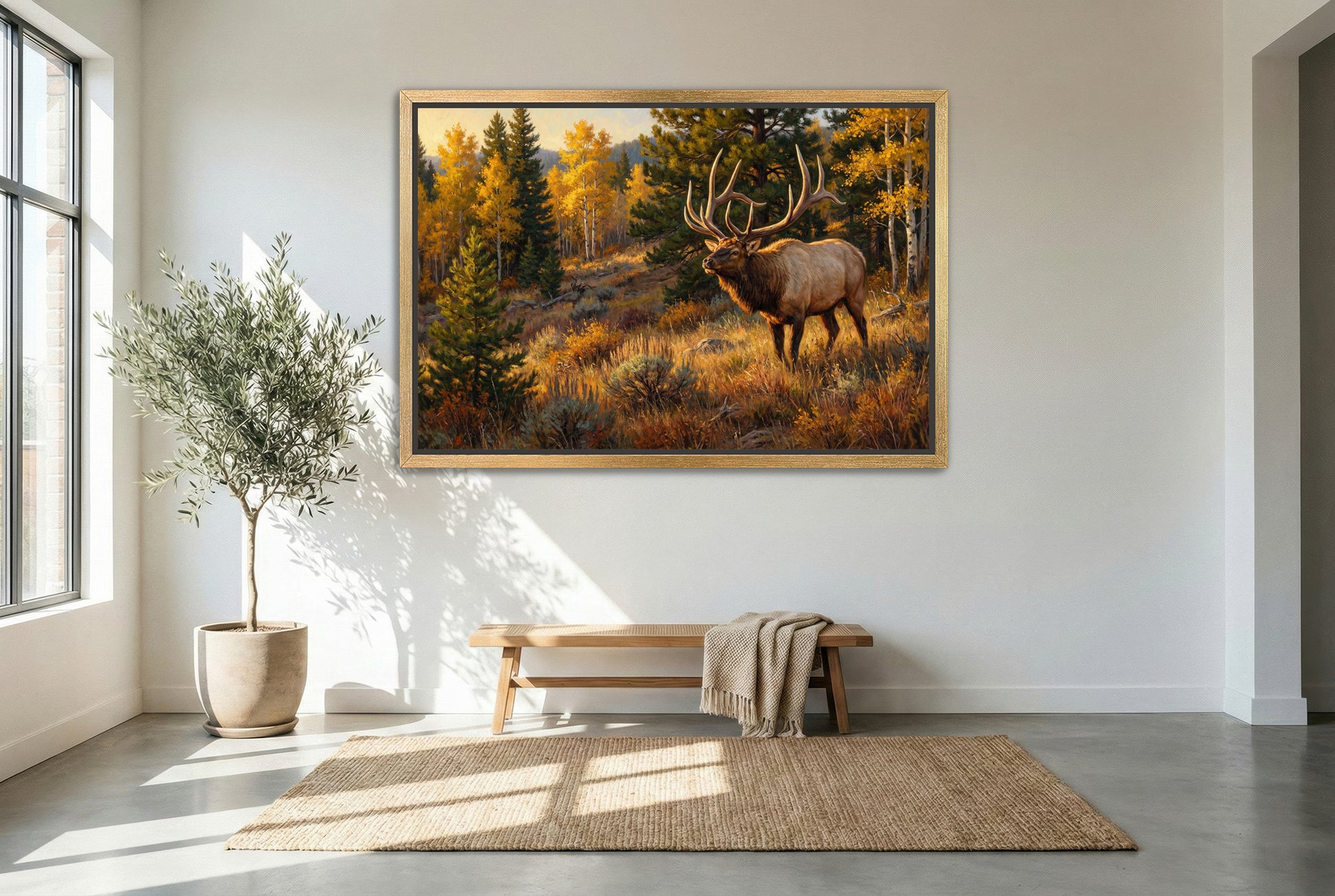 gold floating framed canvas trophy room art of a giant bull elk stepping out onto a golden aspen hillside during September rut