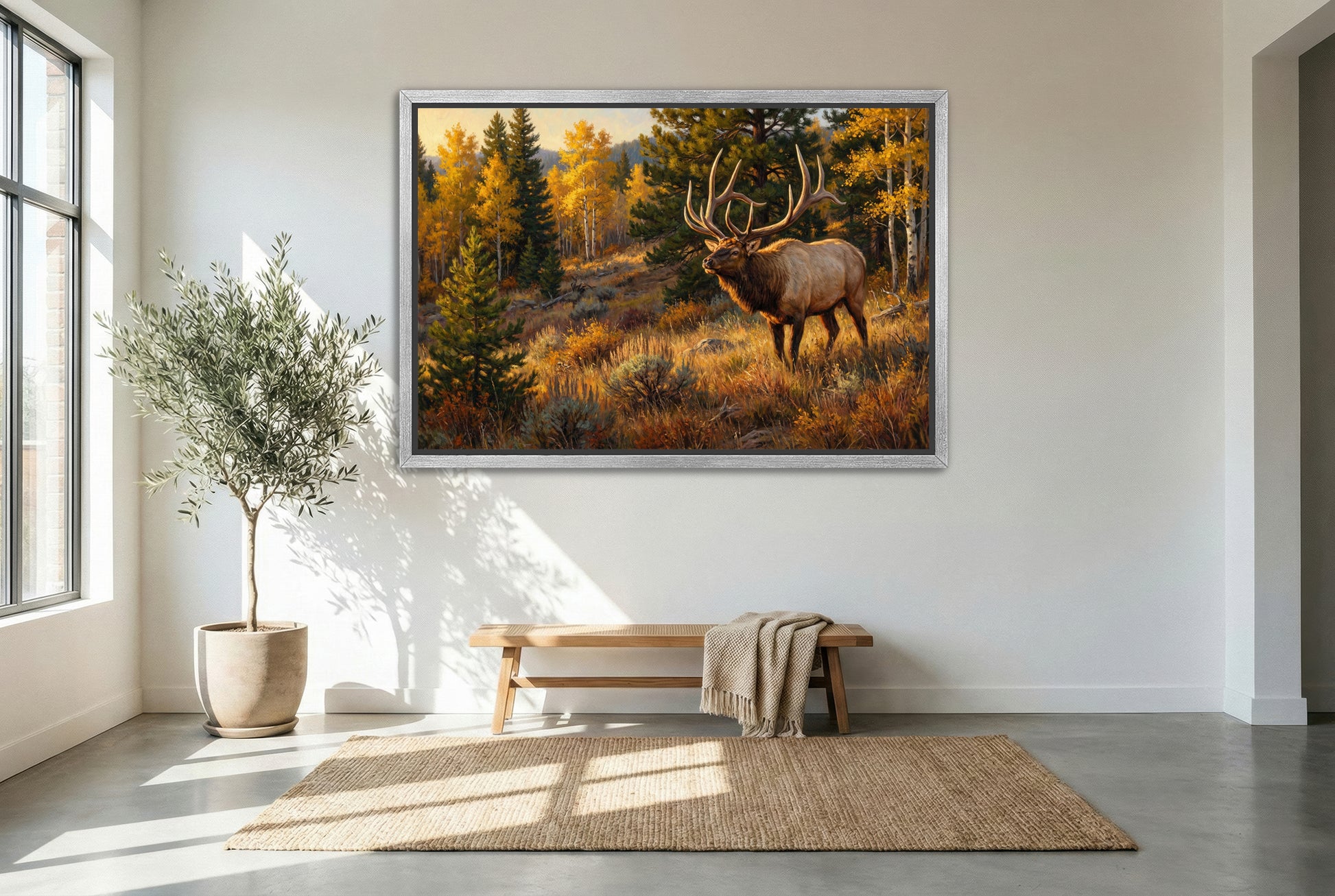 silver floating framed canvas big game artwork of a giant bull elk stepping out onto a golden aspen hillside during September rut