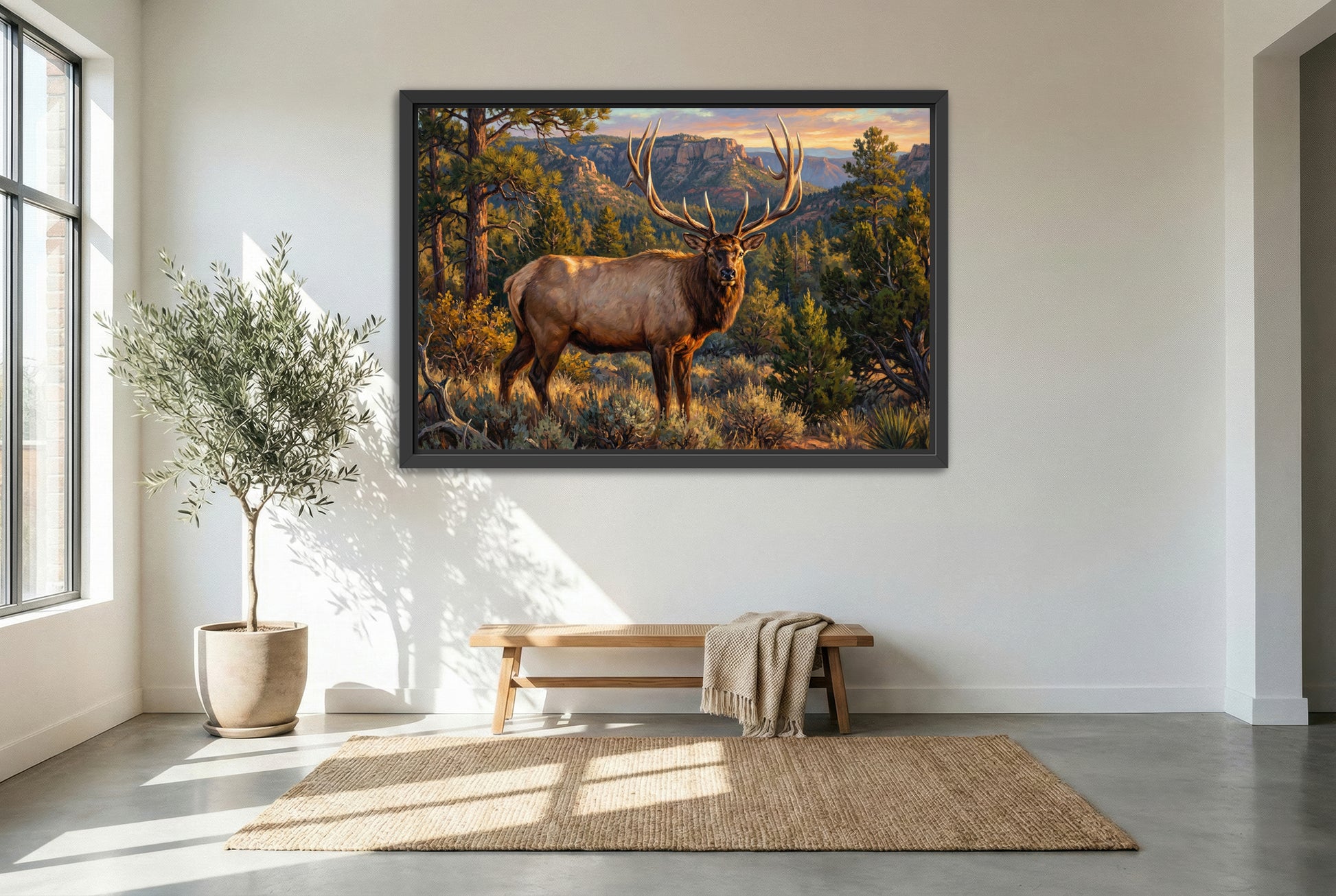 black floating framed canvas print featuring a giant lone bull elk in the high desert country