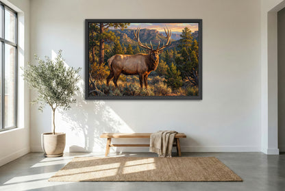 black floating framed canvas print featuring a giant lone bull elk in the high desert country