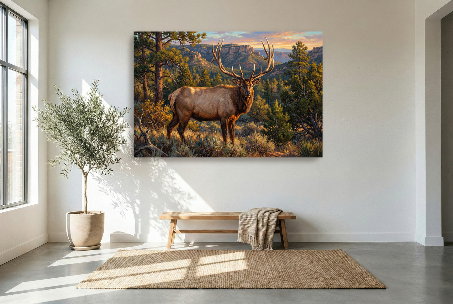 gallery wrapped canvas wildlife wall art of a giant lone bull elk in the high desert country