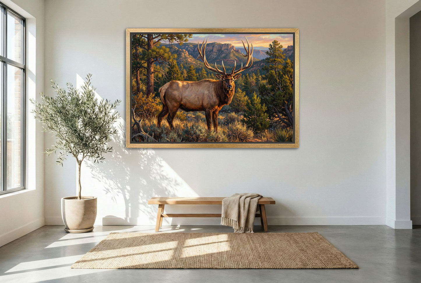gold floating framed canvas trophy room art of a giant lone bull elk in the high desert country