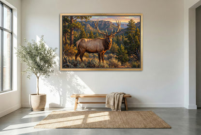 gold floating framed canvas trophy room art of a giant lone bull elk in the high desert country