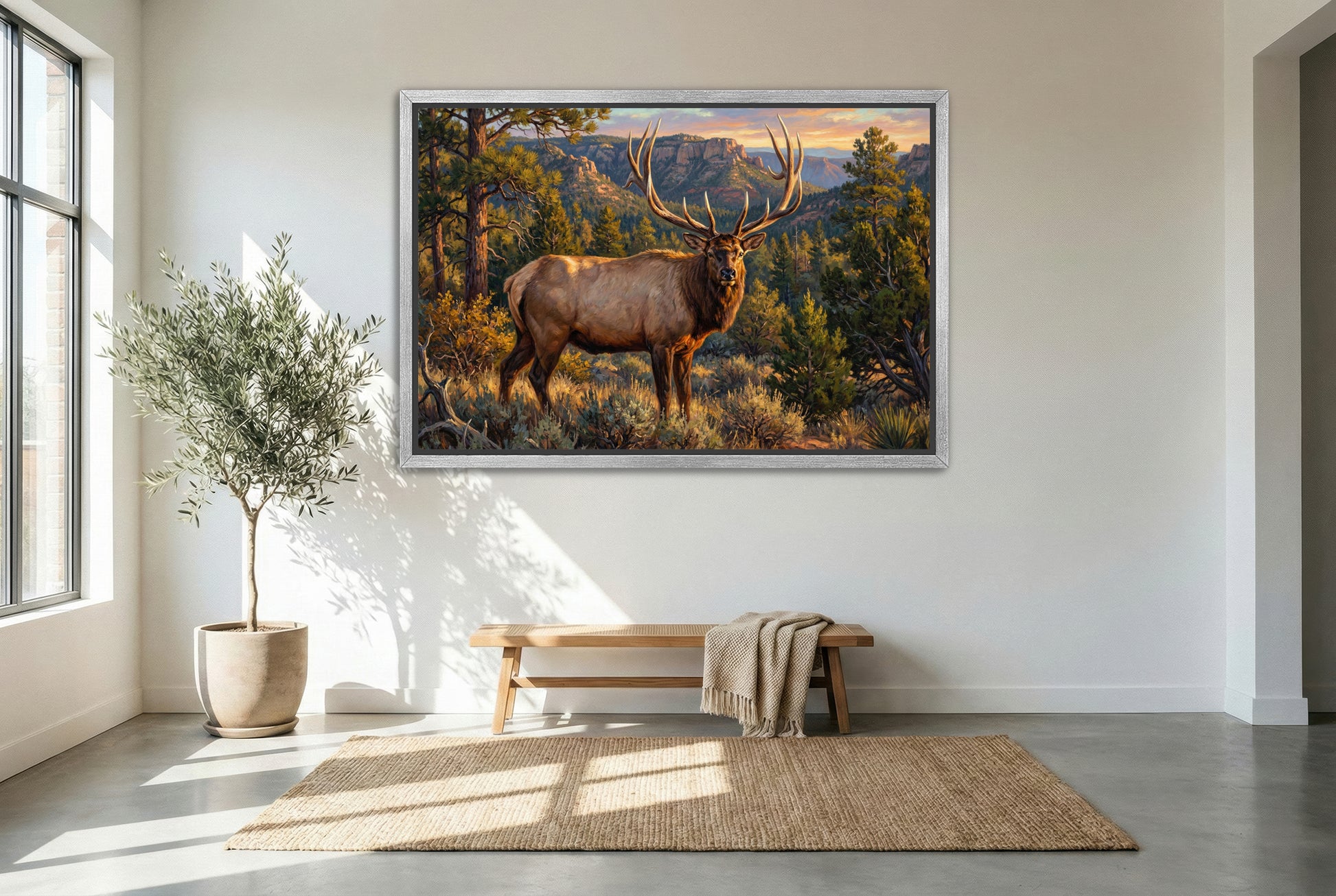silver floating framed canvas big game artwork of a giant lone bull elk in the high desert country