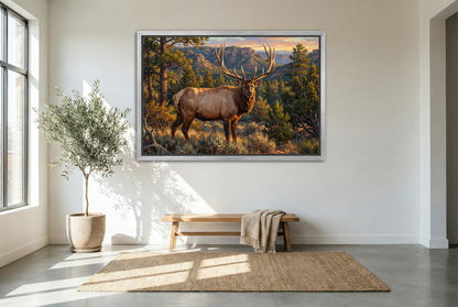 silver floating framed canvas big game artwork of a giant lone bull elk in the high desert country