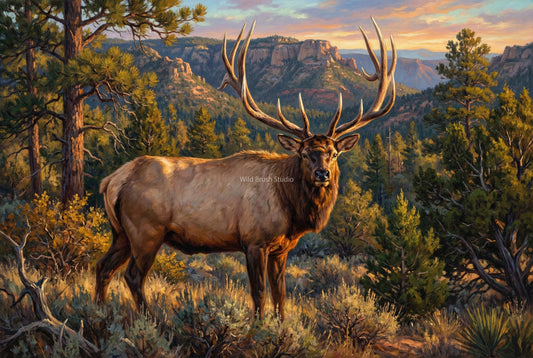 giant lone bull elk in the high desert country oil painting paper art print