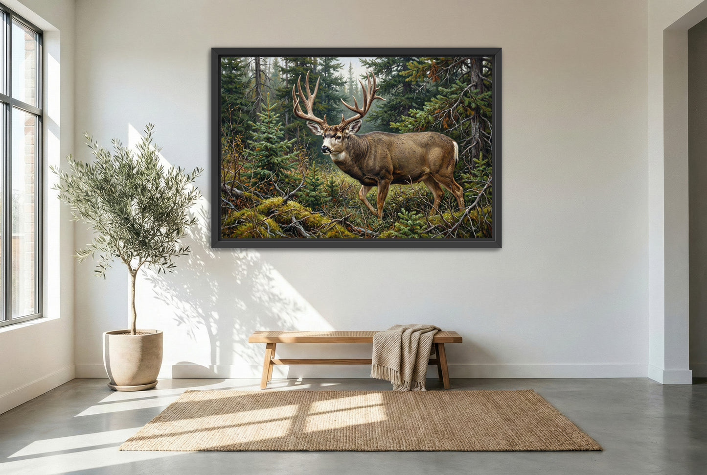 black floating framed canvas print featuring a giant mule deer buck emerges from the canadian bush