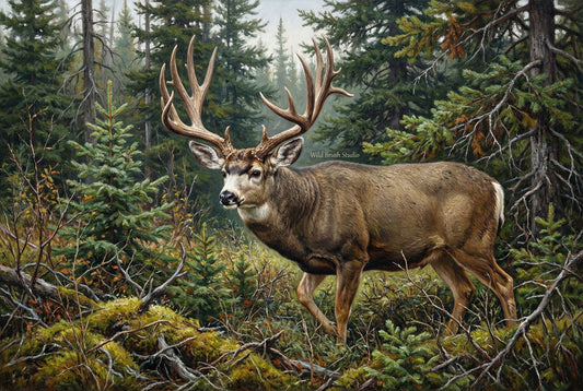 giant mule deer buck emerges from the canadian bush oil painting paper art print