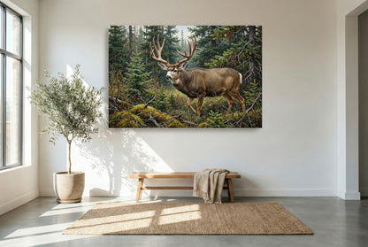 gallery wrapped canvas wildlife wall art of giant mule deer buck emerges from the canadian bush