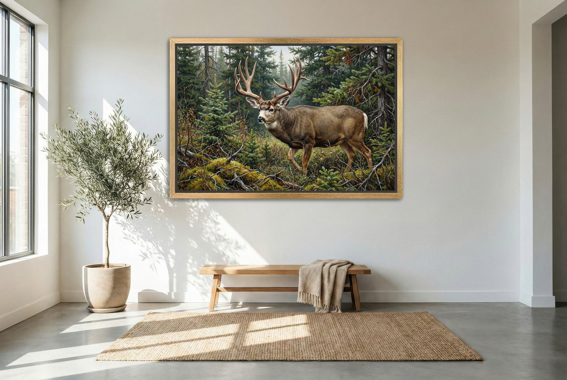 gold floating framed canvas trophy room art of a giant mule deer buck emerges from the canadian bush