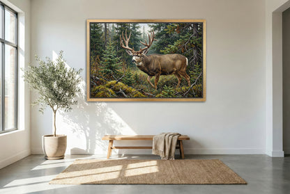 gold floating framed canvas trophy room art of a giant mule deer buck emerges from the canadian bush