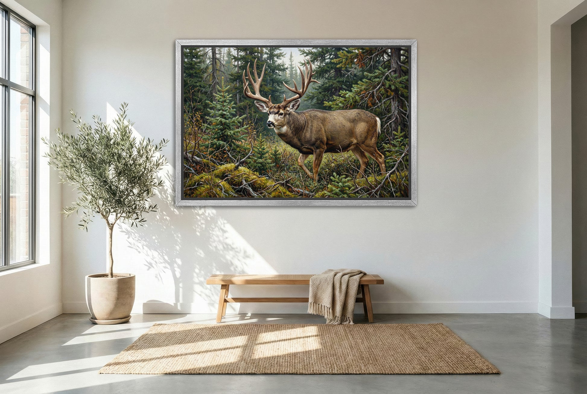 silver floating framed canvas big game artwork of a giant mule deer buck emerges from the canadian bush
