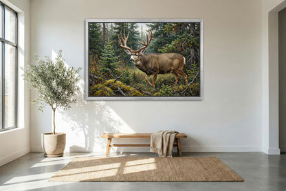 silver floating framed canvas big game artwork of a giant mule deer buck emerges from the canadian bush