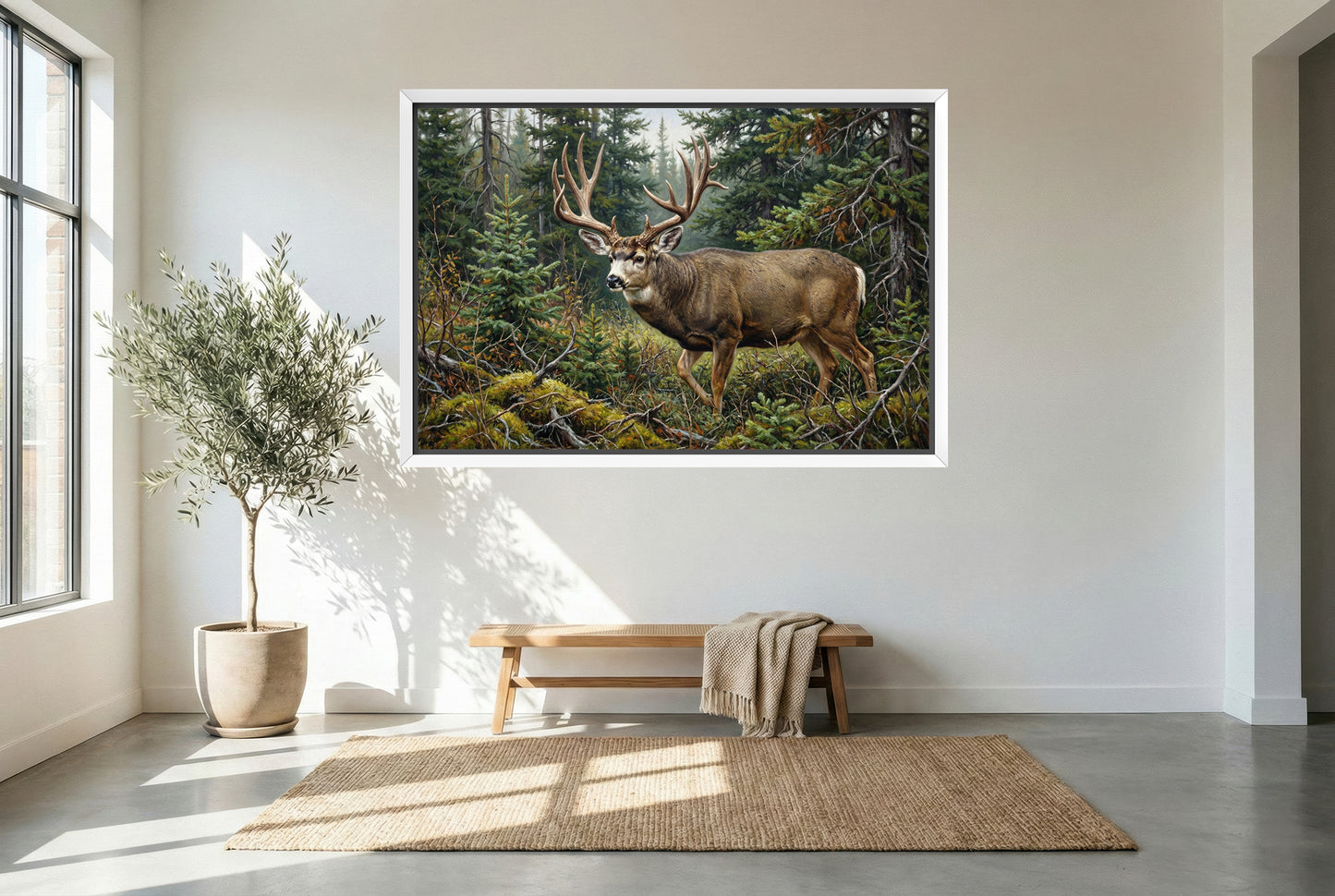 white floating framed canvas art of a giant mule deer buck emerges from the canadian bush