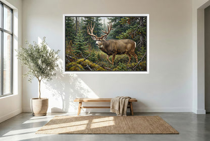 white floating framed canvas art of a giant mule deer buck emerges from the canadian bush
