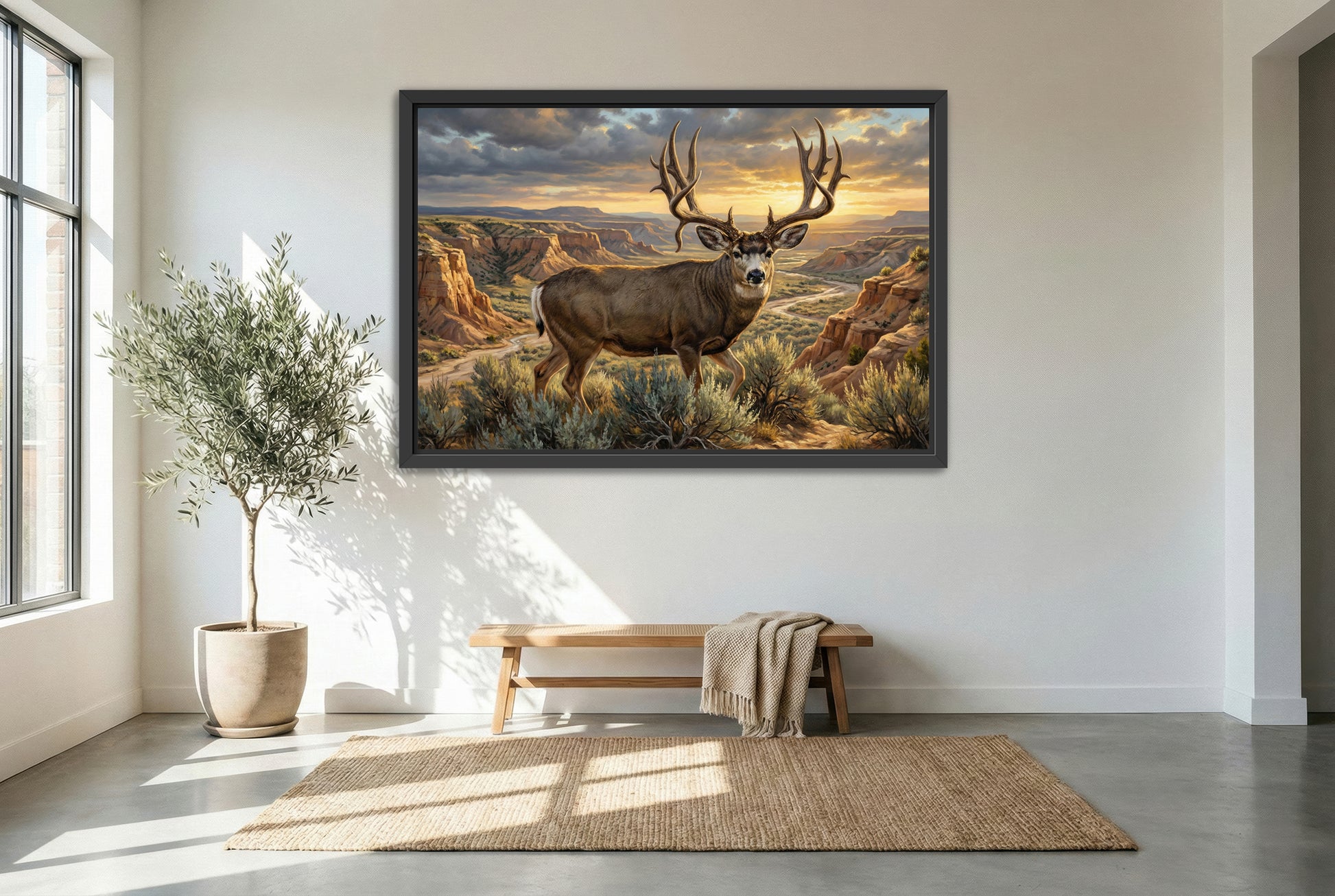 black floating framed canvas print featuring of a giant mule deer buck emerges from the coulee wash bottom