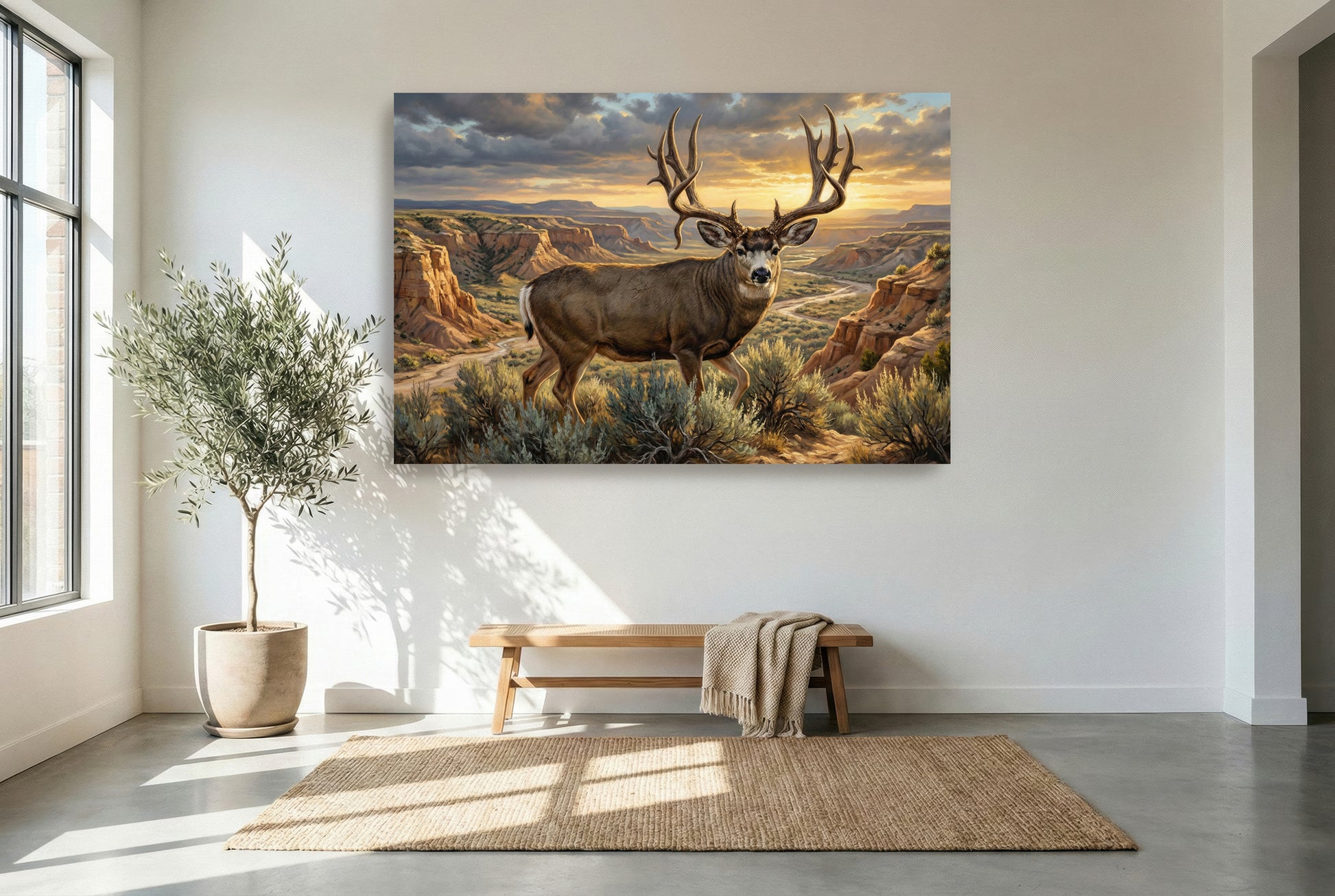 gallery wrapped canvas wildlife wall art of a giant mule deer buck emerges from the coulee wash bottom