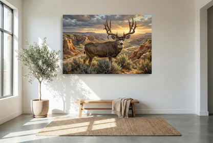 gallery wrapped canvas wildlife wall art of a giant mule deer buck emerges from the coulee wash bottom