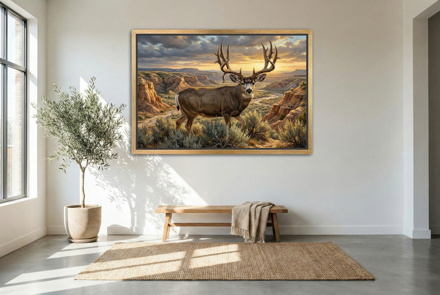 gold floating framed canvas trophy room art of a giant mule deer buck emerges from the coulee wash bottom