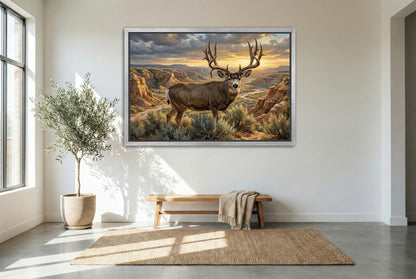 silver floating framed canvas big game artwork of a giant mule deer buck emerges from the coulee wash bottom