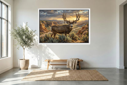 white floating framed canvas art of a giant mule deer buck emerges from the coulee wash bottom
