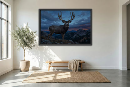 black floating framed canvas print featuring of a giant mule deer buck standing high country rim blue hour silhouette