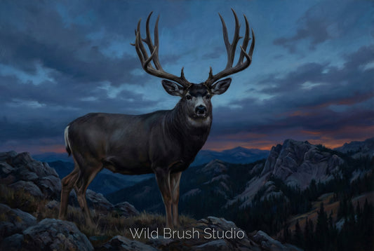 giant mule deer buck standing high country rim blue hour silhouette oil painting paper art print