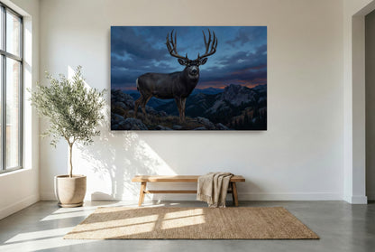 gallery wrapped canvas wildlife wall art of a giant mule deer buck standing high country rim blue hour silhouette