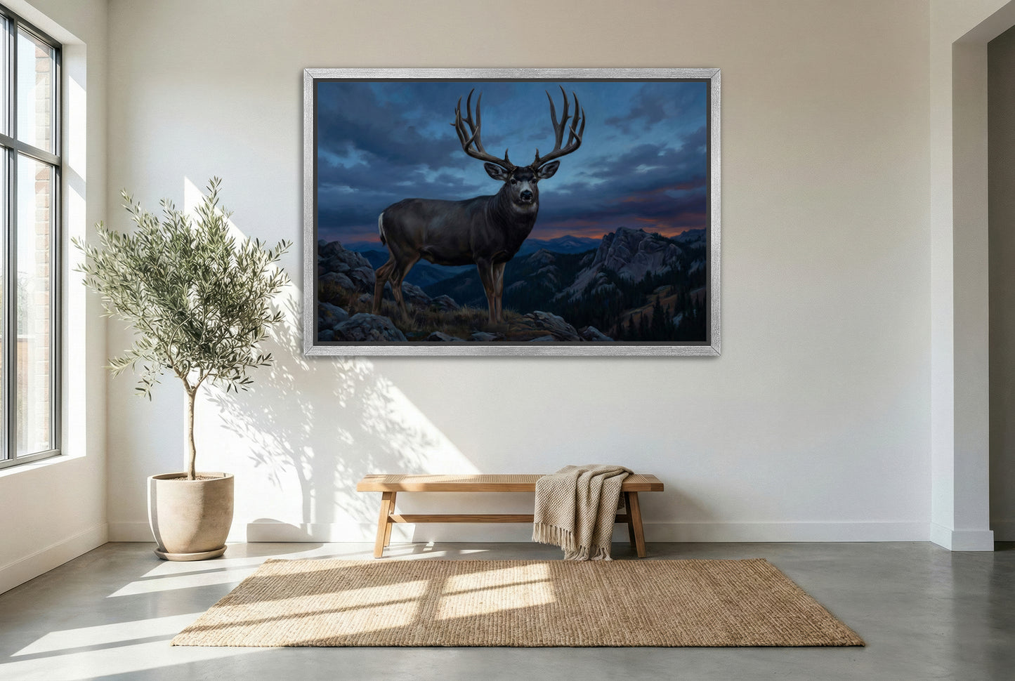 silver floating framed canvas big game artwork of a giant mule deer buck standing high country rim blue hour silhouette