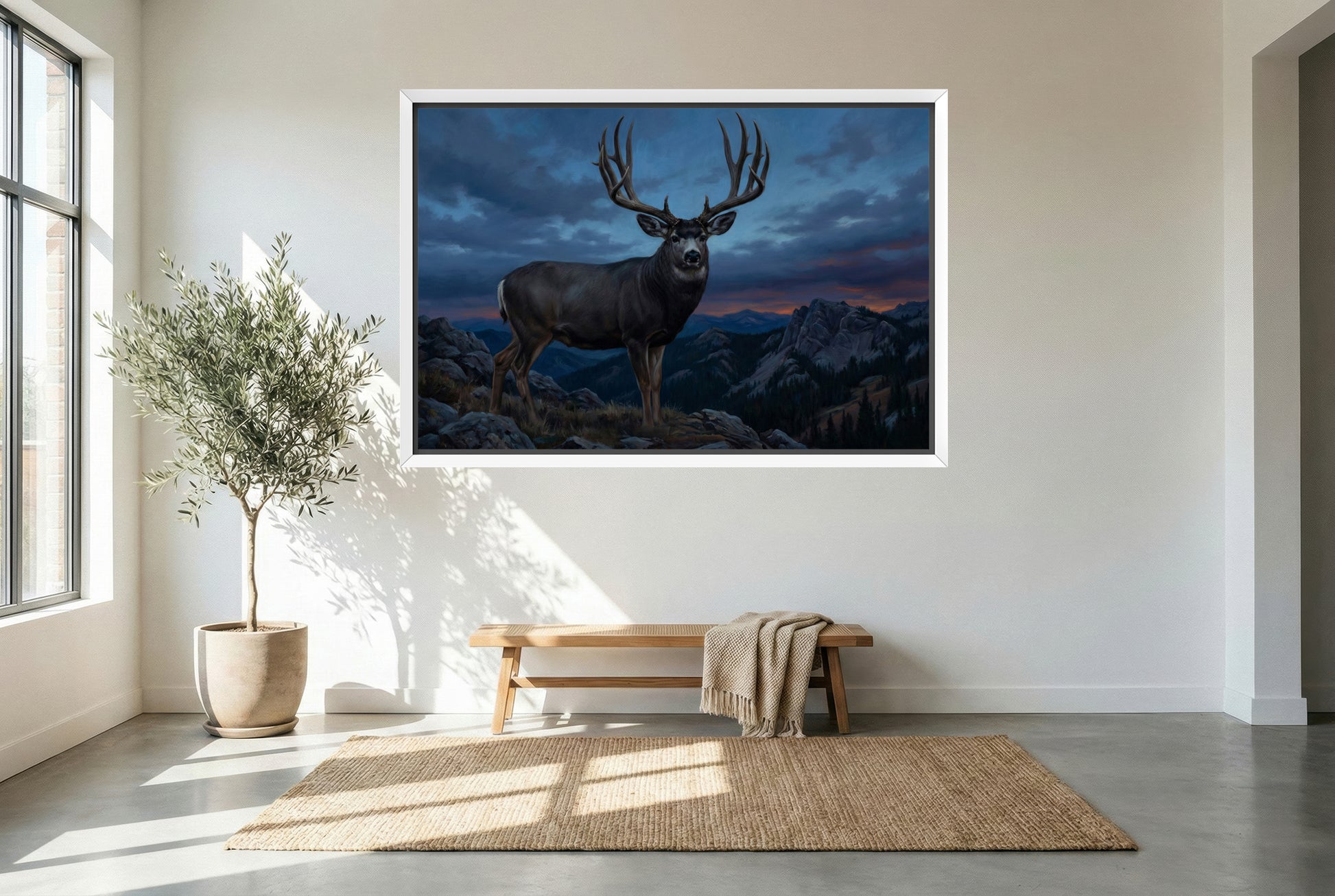 white floating framed canvas art of a giant mule deer buck standing high country rim blue hour silhouette