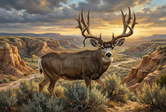 giant mule deer buck emerges from the coulee wash bottom oil painting paper art print