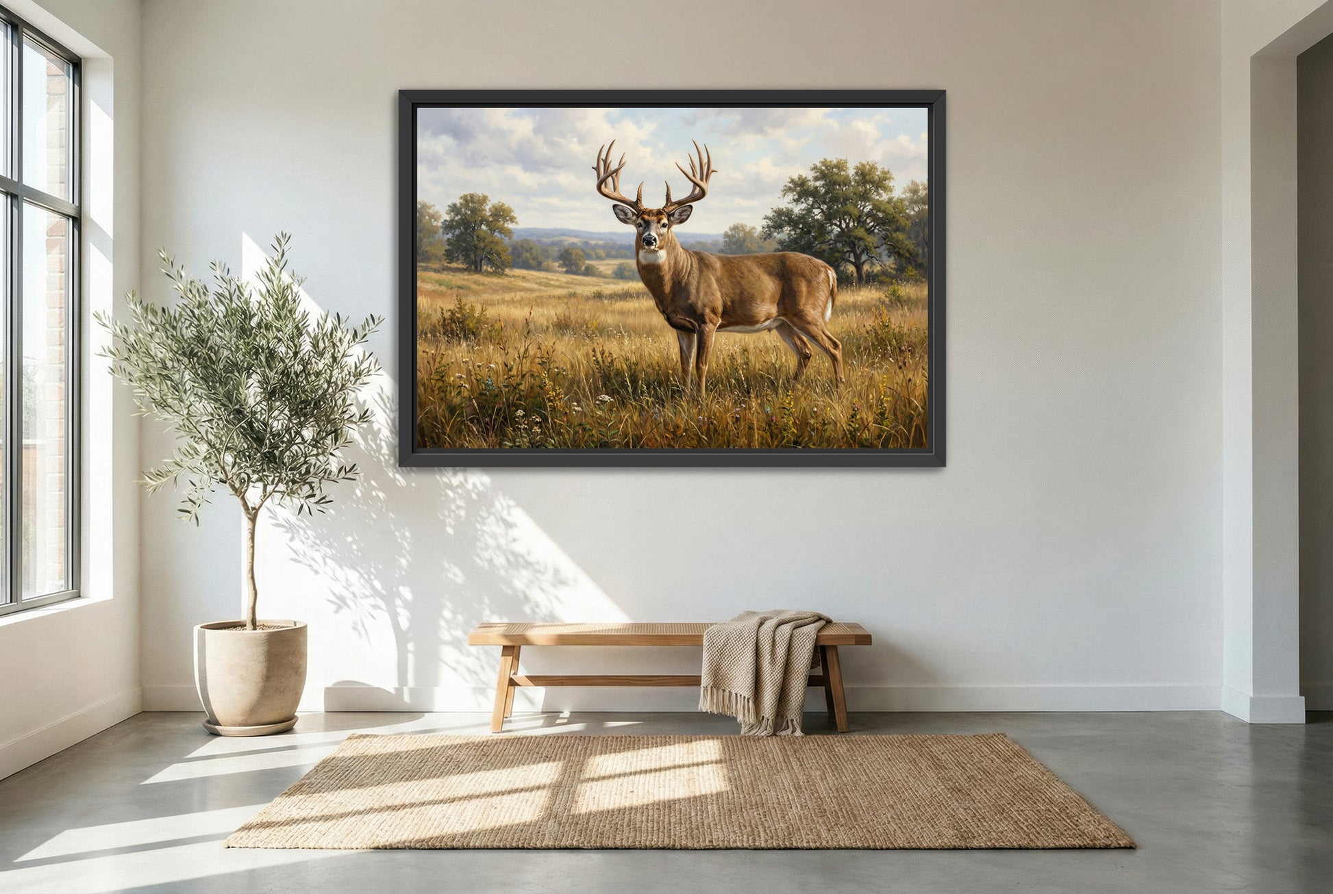 black floating framed canvas print featuring a giant whitetail buck midday standoff in a field