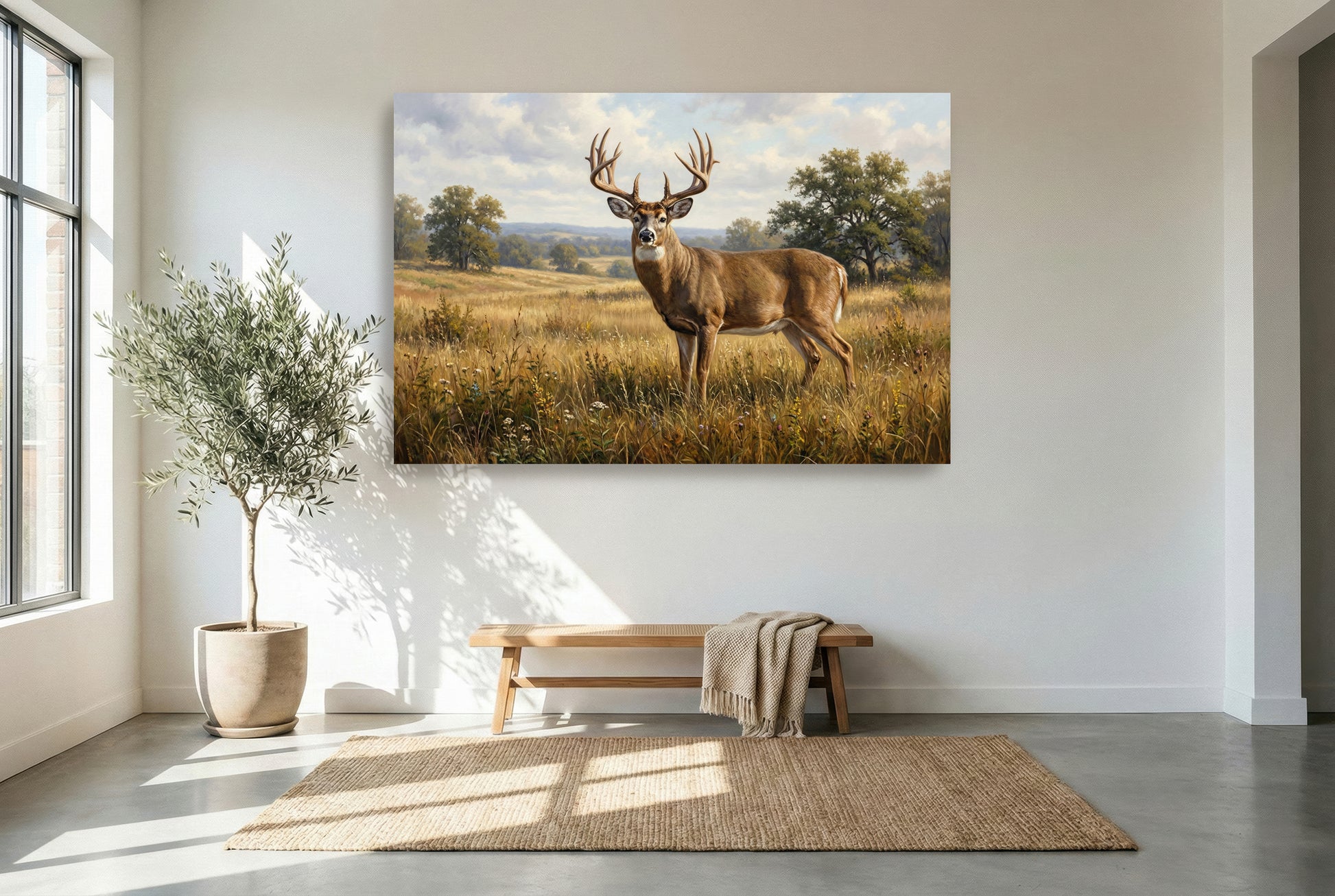 gallery wrapped canvas wildlife wall art of a giant whitetail buck midday standoff in a field