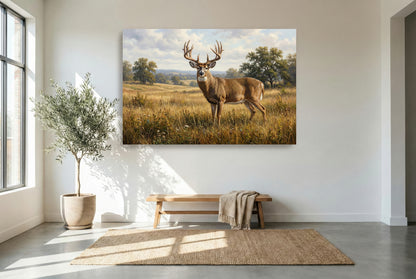 gallery wrapped canvas wildlife wall art of a giant whitetail buck midday standoff in a field