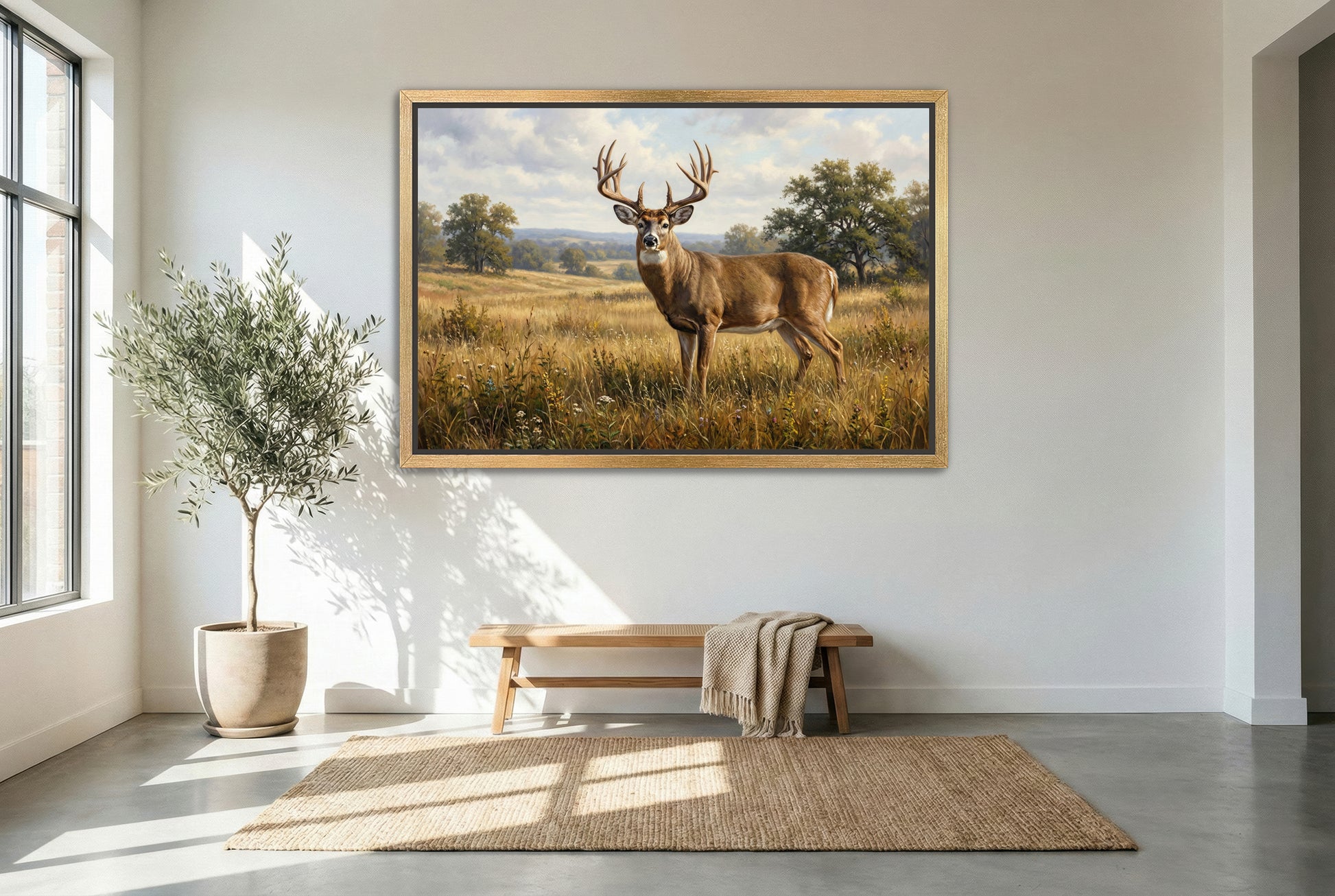 gold floating framed canvas trophy room art of a giant whitetail buck midday standoff in a field