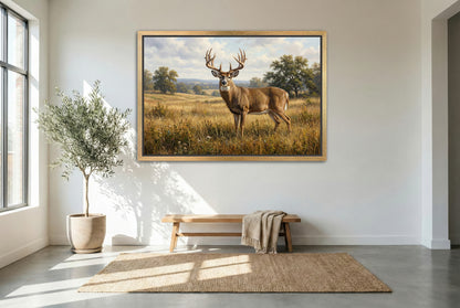 gold floating framed canvas trophy room art of a giant whitetail buck midday standoff in a field