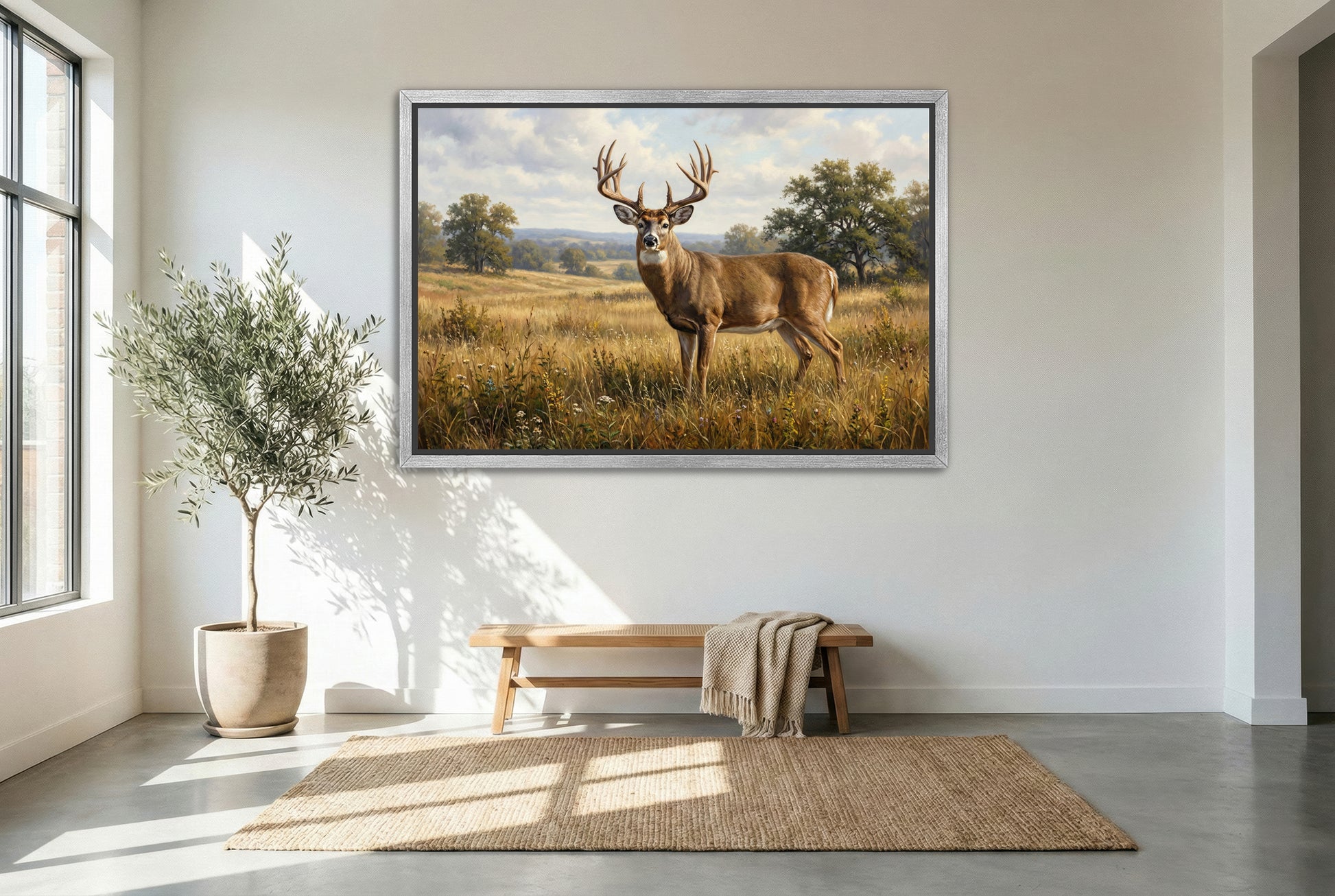 silver floating framed canvas big game artwork of a giant whitetail buck midday standoff in a field