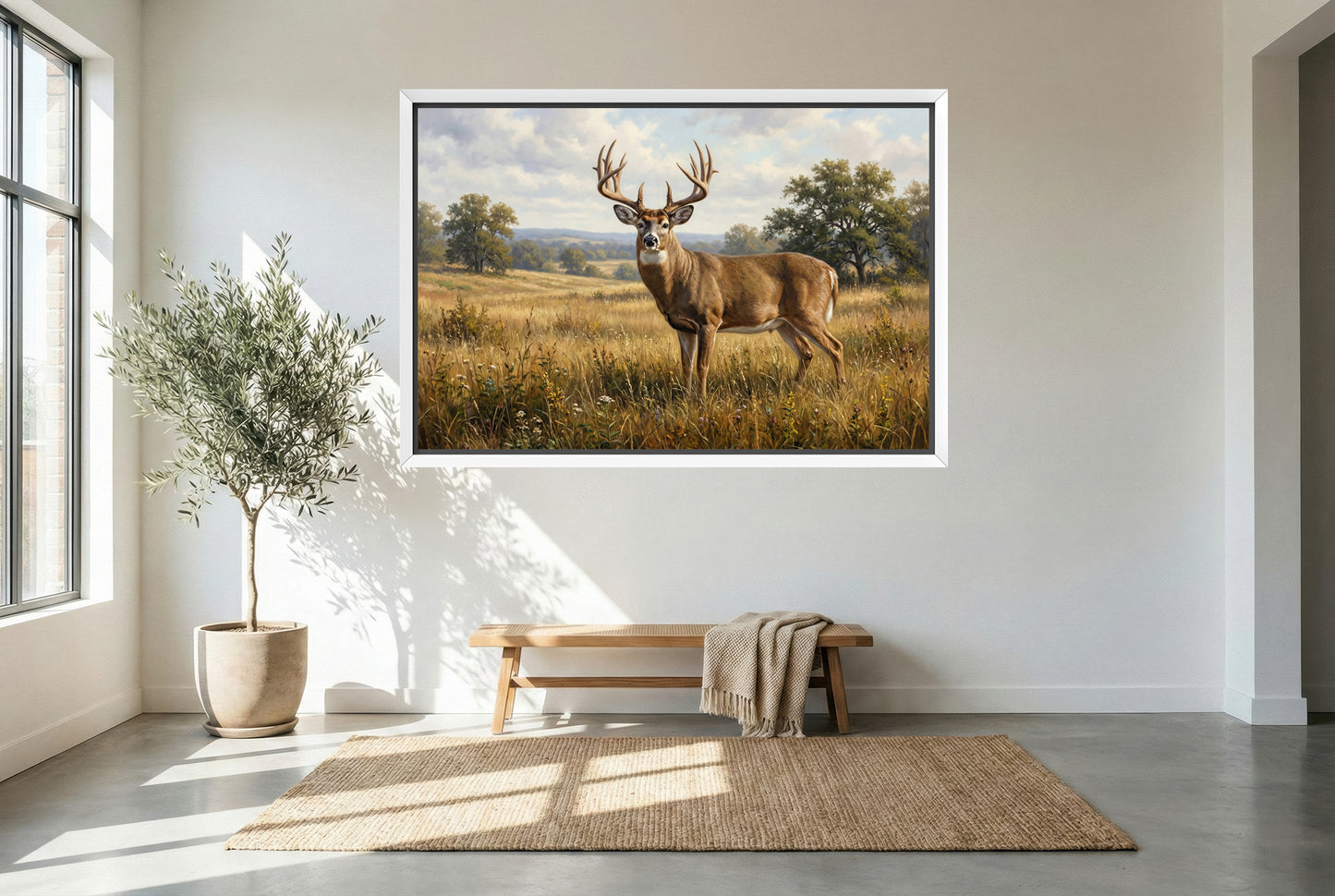 white floating framed canvas art of a giant whitetail buck midday standoff in a field