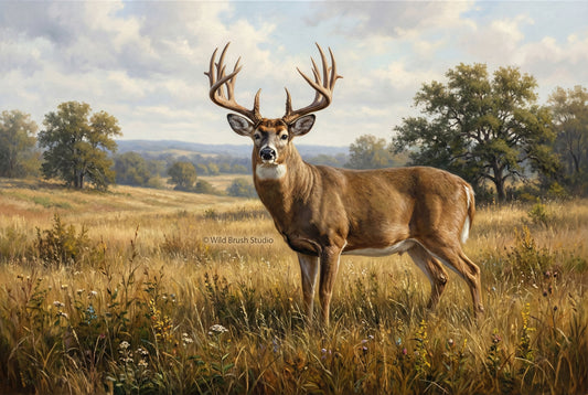 giant whitetail buck midday standoff in a field oil painting paper art print