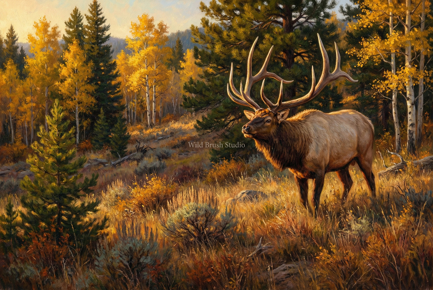 giant bull elk steps out onto a golden aspen hillside during September rut oil painting paper art print