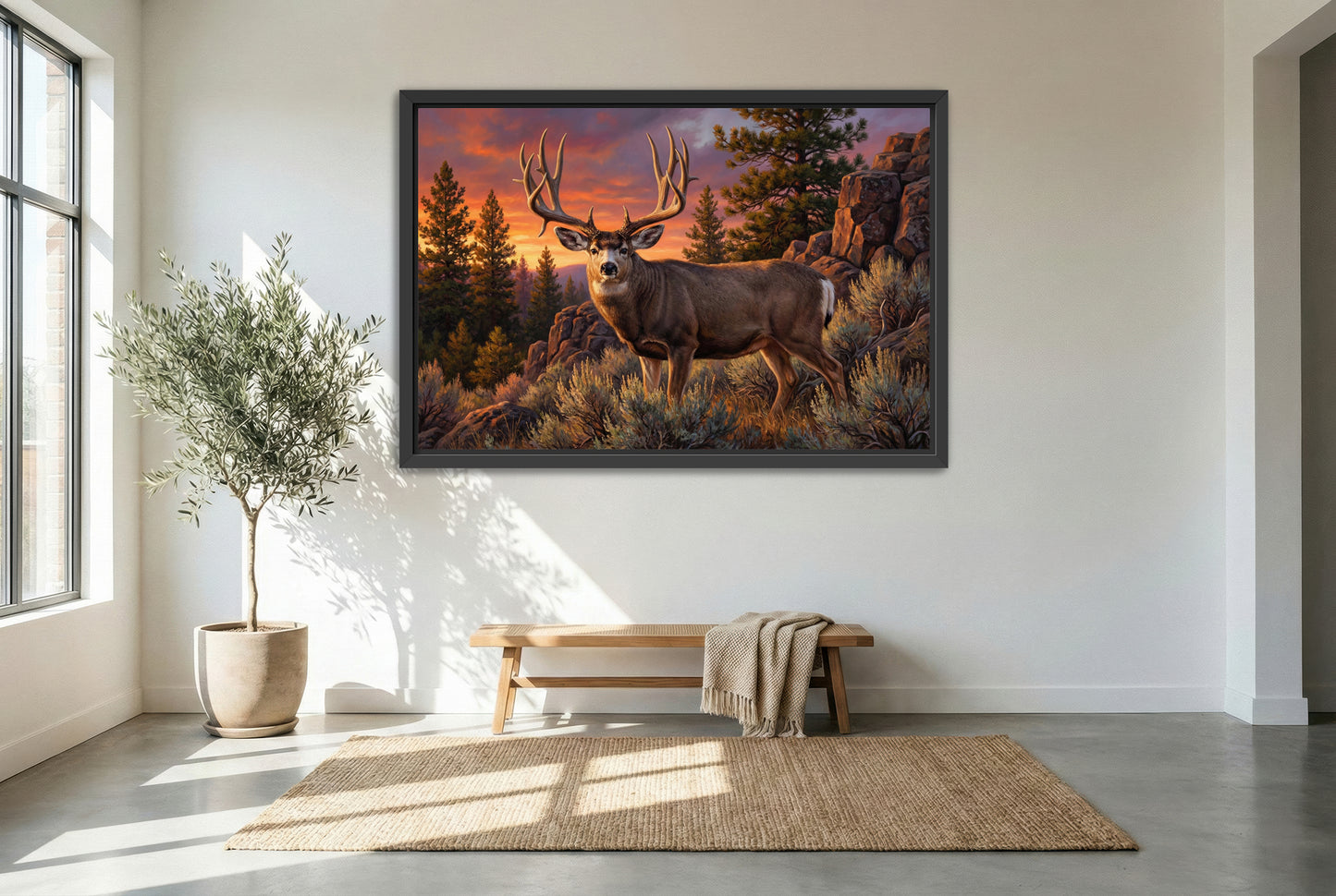 gallery wrapped canvas wildlife wall art of a golden hour muley emerges from the rimrock