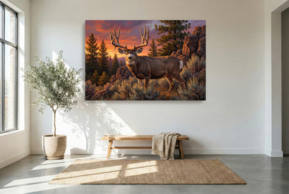 black floating framed canvas print featuring of a golden hour muley emerges from the rimrock