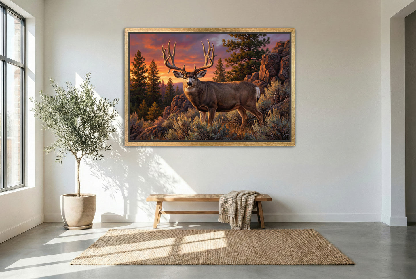 gold floating framed canvas trophy room art of a golden hour muley emerges from the rimrock