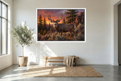 white floating framed canvas art of a golden hour muley emerges from the rimrock