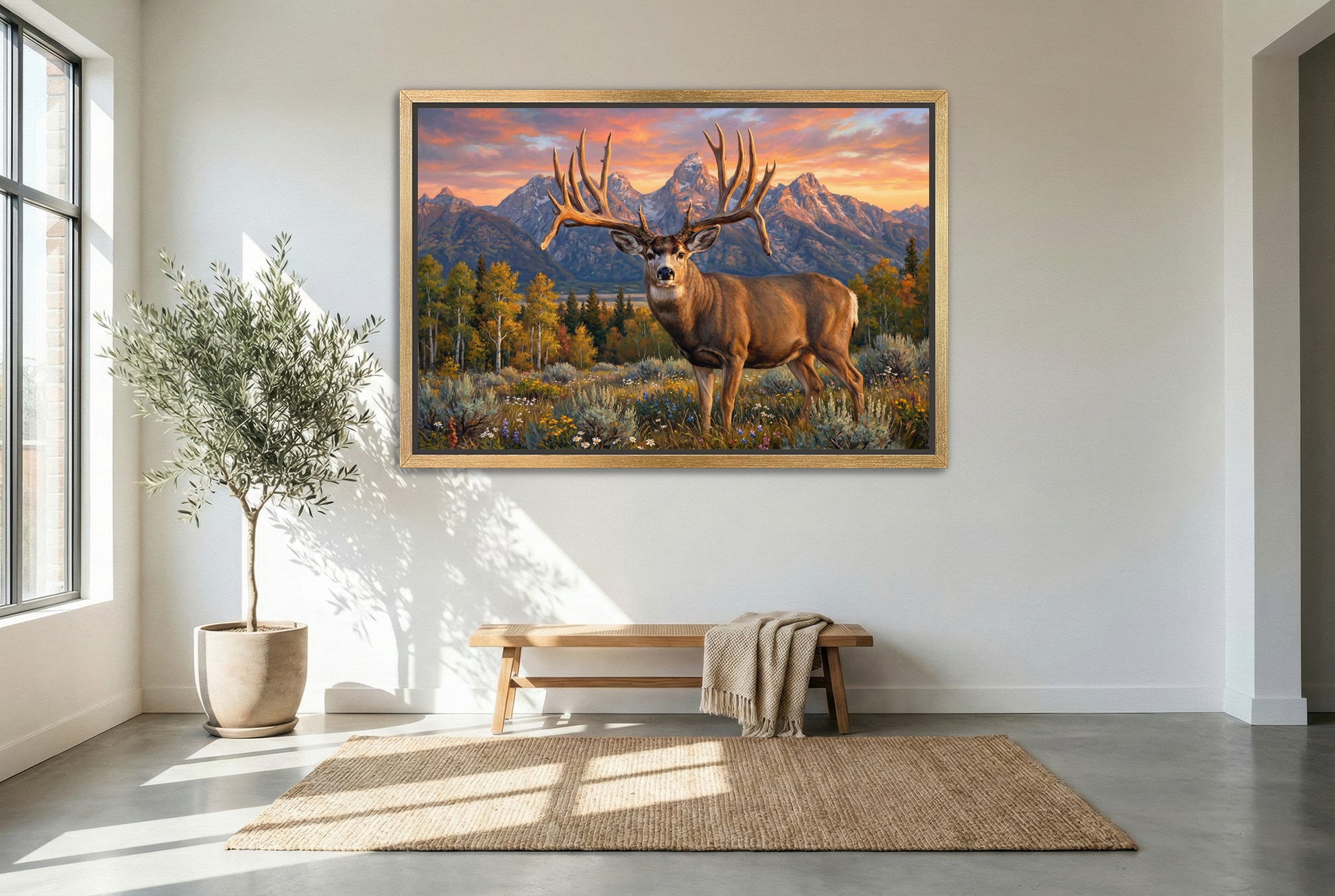 Gold floating framed canvas trophy room art of the famous Golden Obray Colorado buck