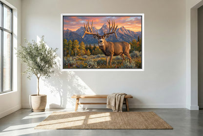 White floating framed canvas art of the Golden Obray Buck for modern hunting home decor