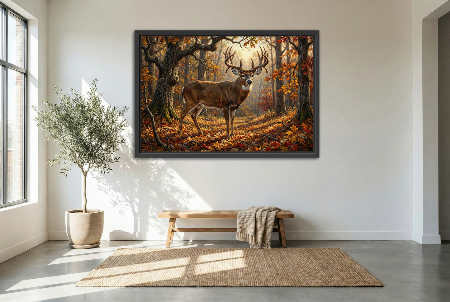 black floating framed canvas print featuring a hardwood ridge peak fall drop tine whitetail buck