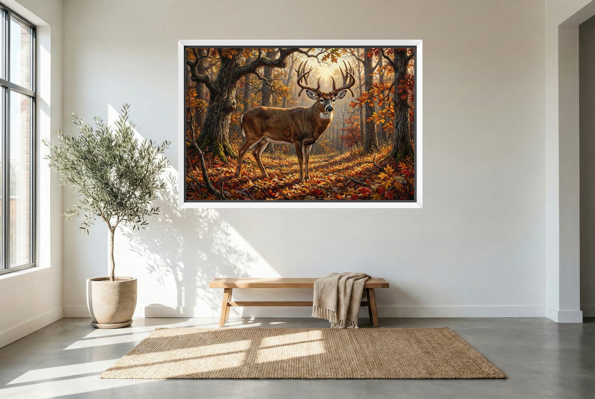 white floating framed canvas art of a hardwood ridge peak fall drop tine whitetail buck