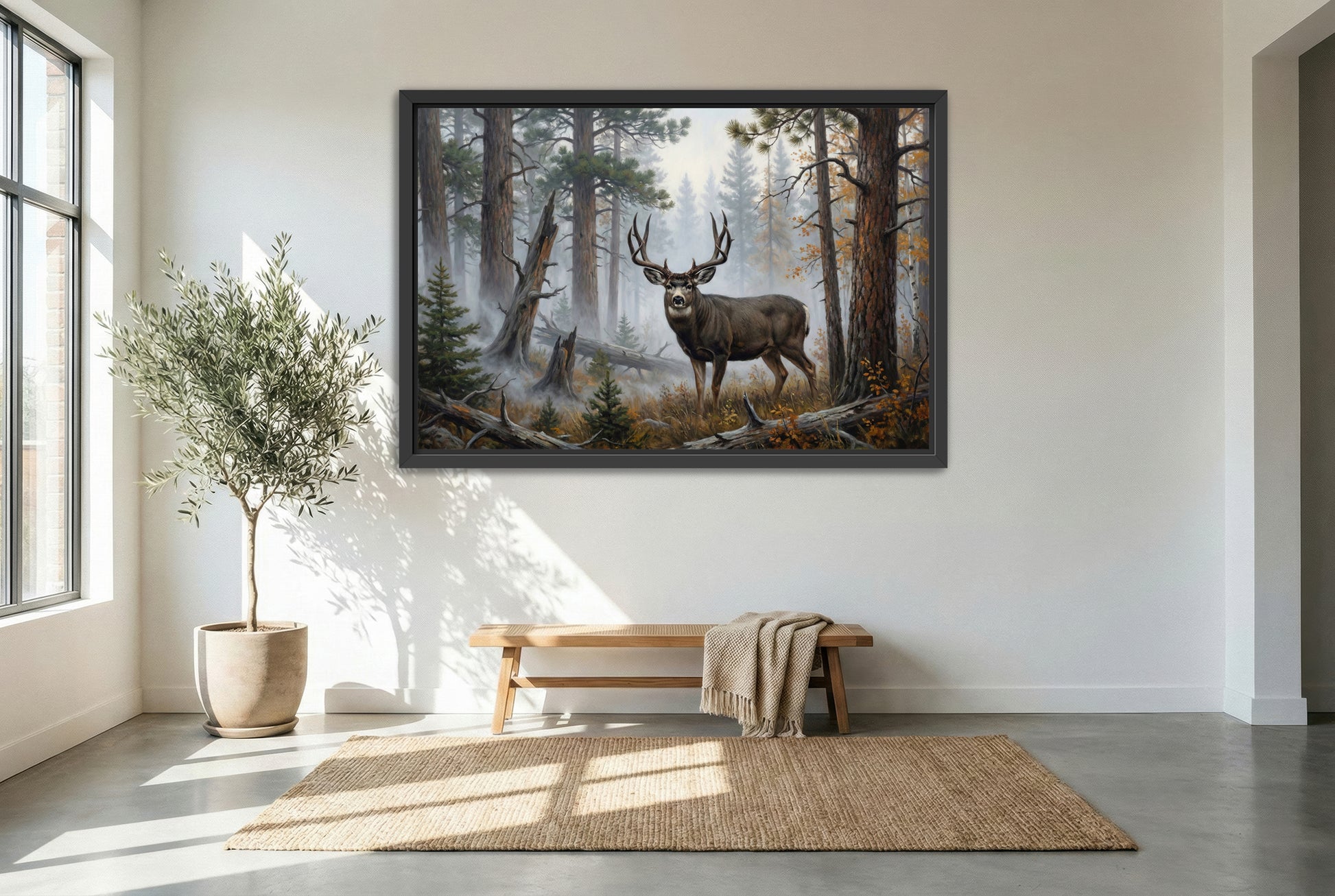 black floating framed canvas print featuring heavy fog begins to lift dark horned mule deer