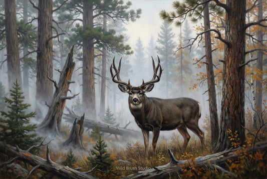heavy fog begins to lift dark horned mule deer oil painting paper art print